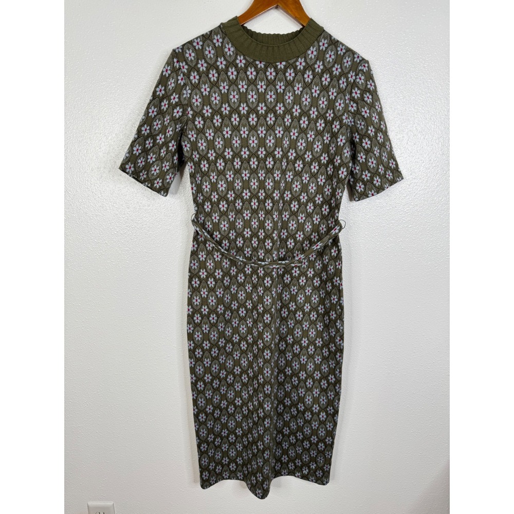 Zara Womens Olive Green Geometric Floral Knit Midi Dress Short Sleeve Belted M
